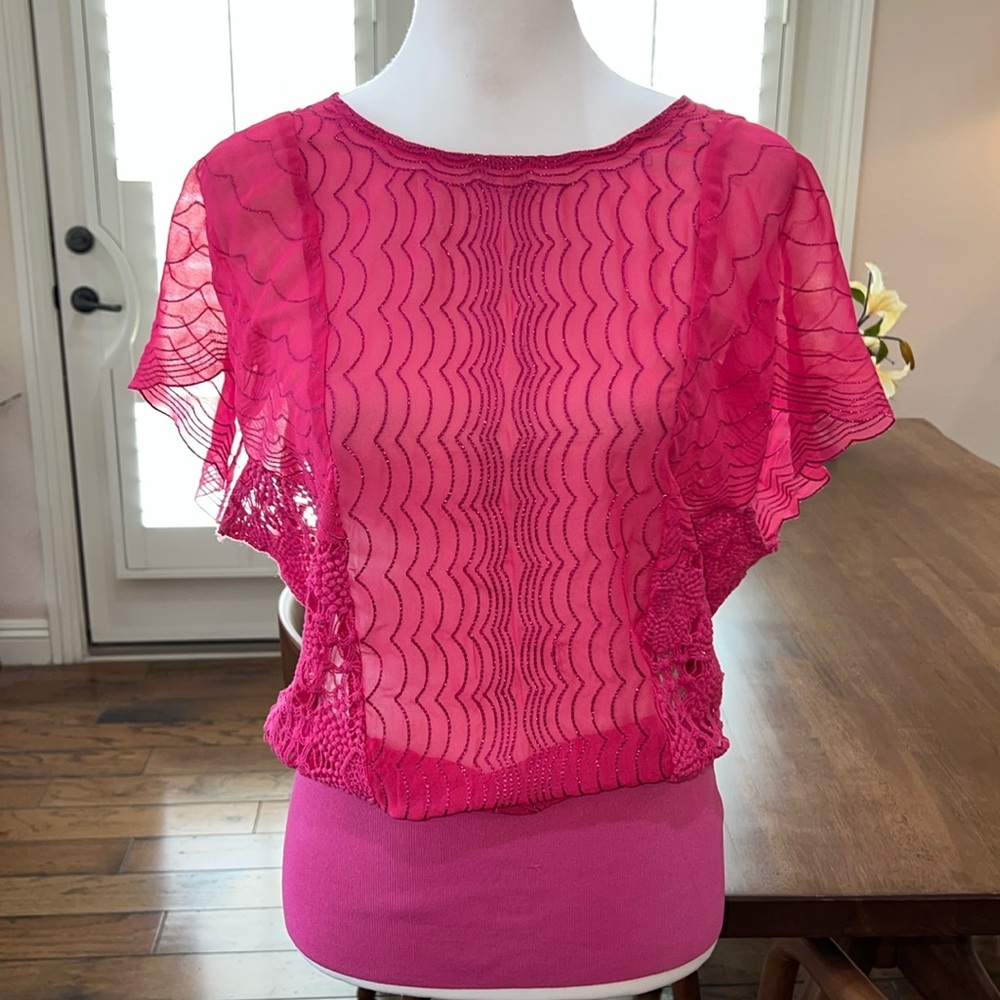 Crochet Lace Silk Delicate Top Boho Neck Top Short batwing sleeve Crochet Sz 2